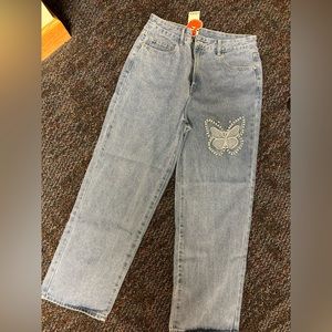 Cider butterfly rhinestone straight leg jeans